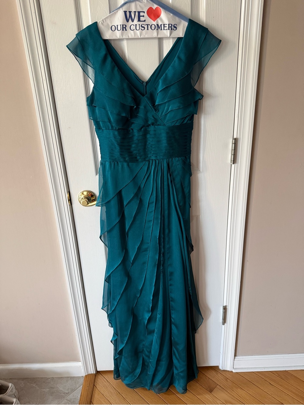 Adrianna Pappel Teal Layered V-Neck Evening Gown size 4 (Nordstroms)